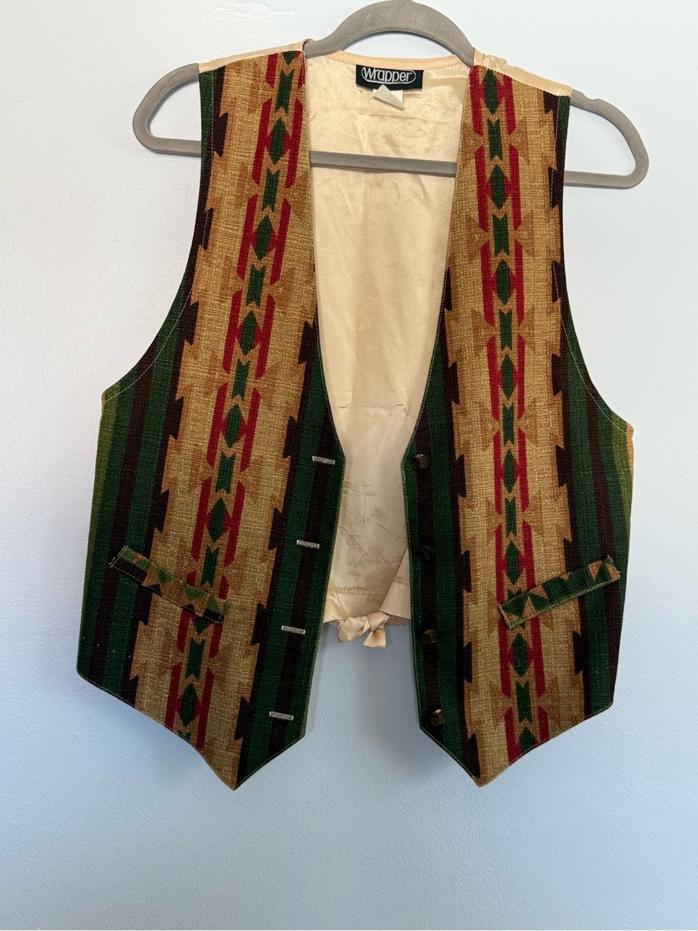 Vintage Wrapper Southwestern-Style Vest in Green, Tan & Red